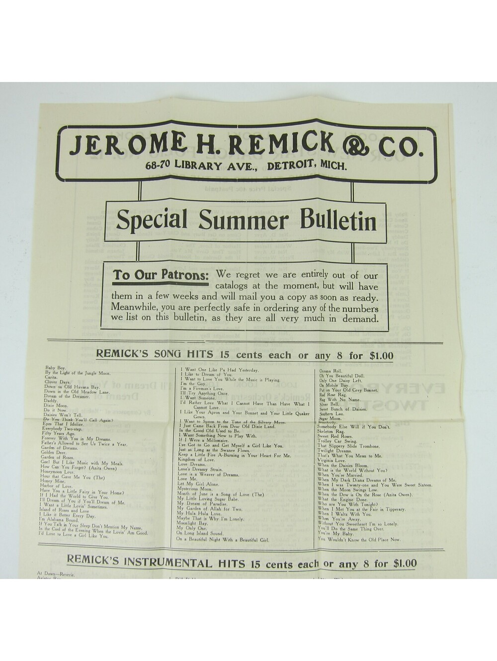 Sheet Music Jerome H. Remick & Co Advertising Summer Bulletin Antique 1912 RARE